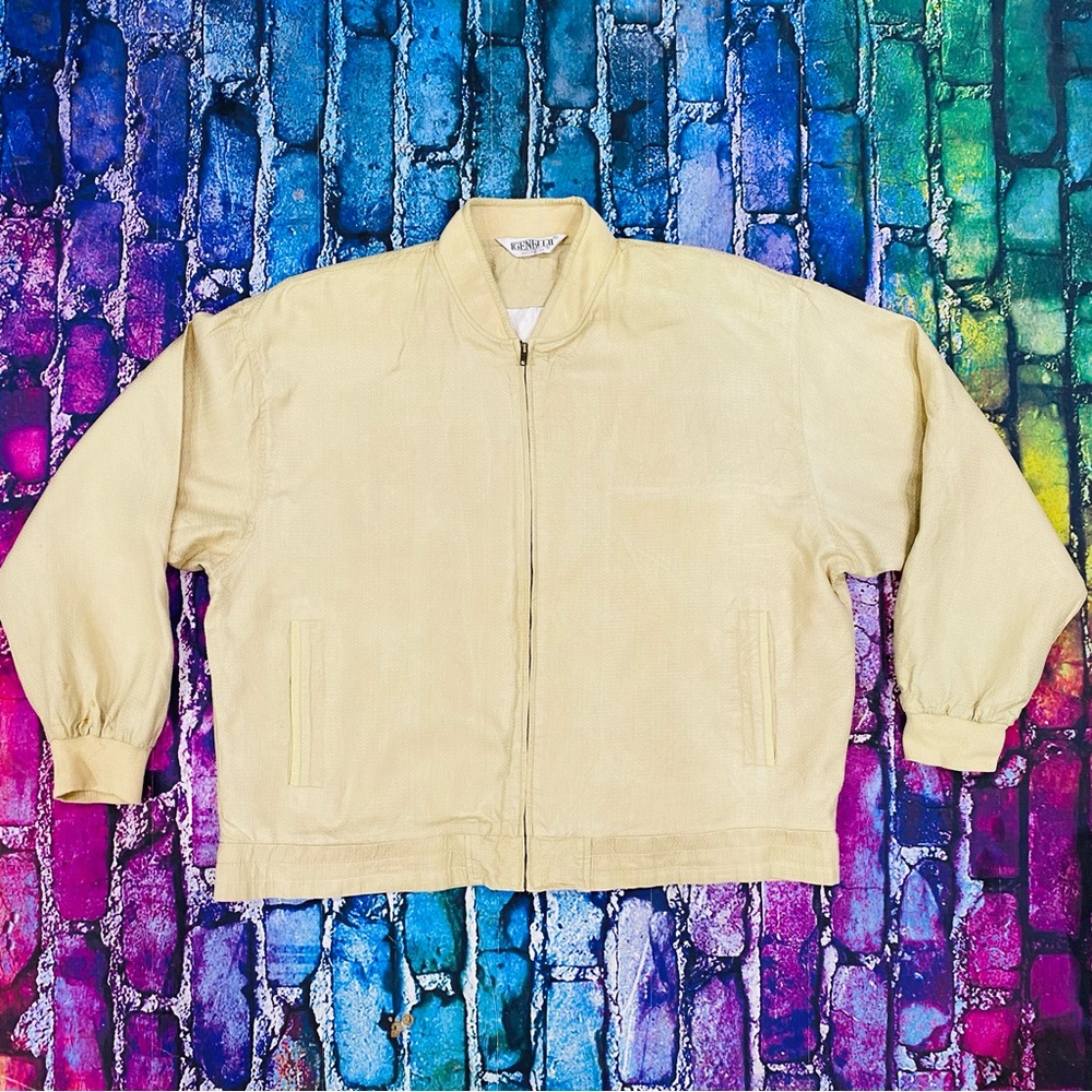 Genelli 100% Silk Tan Men's Bomber Jacket XXL Tab Pockets &Side Pockets